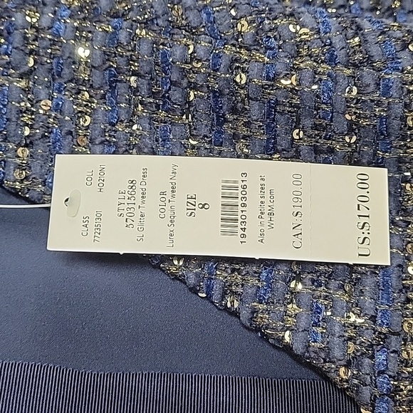 WHBM classic blue glitter tweed sheath dress Gold buttons on shoulder - Picture 2 of 11